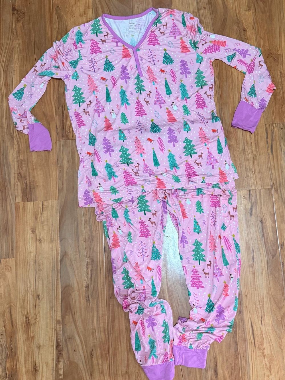Women’s Little Sleepies Pink Holiday Tree & Reindeer Pajama Set